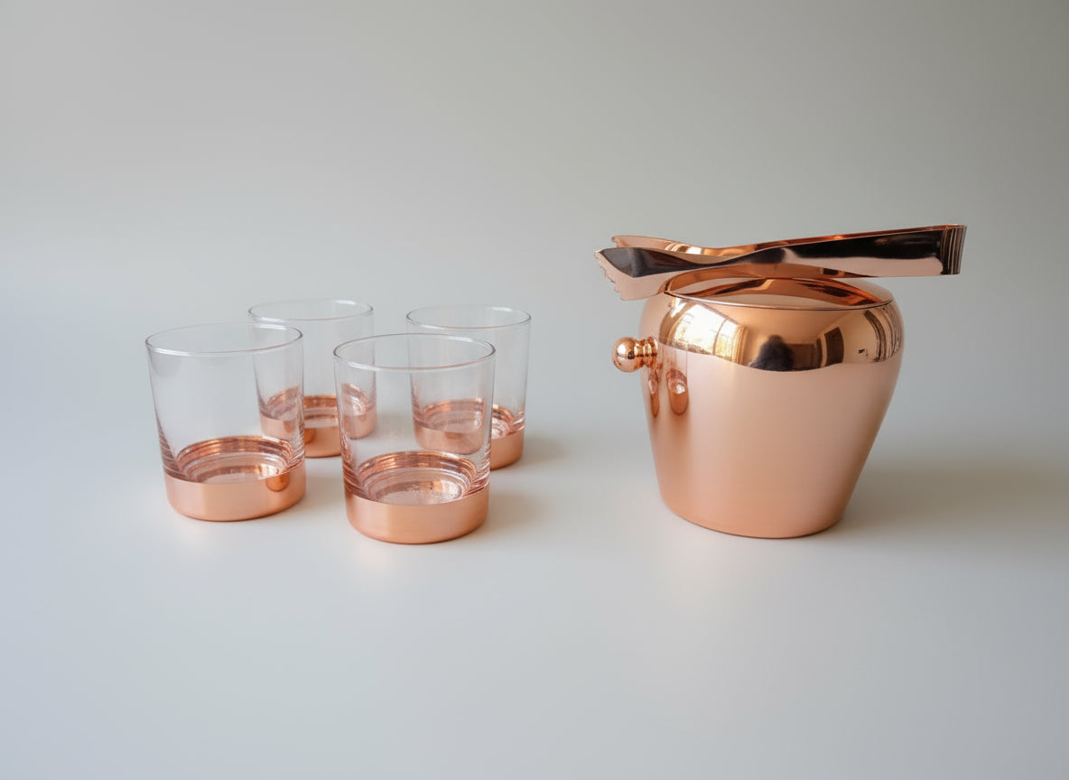 Set De Whiskey Cobre 4 Vasos + Balde De Hielo + Pinzas
