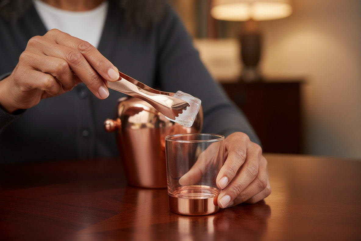 Set De Whiskey Cobre 4 Vasos + Balde De Hielo + Pinzas